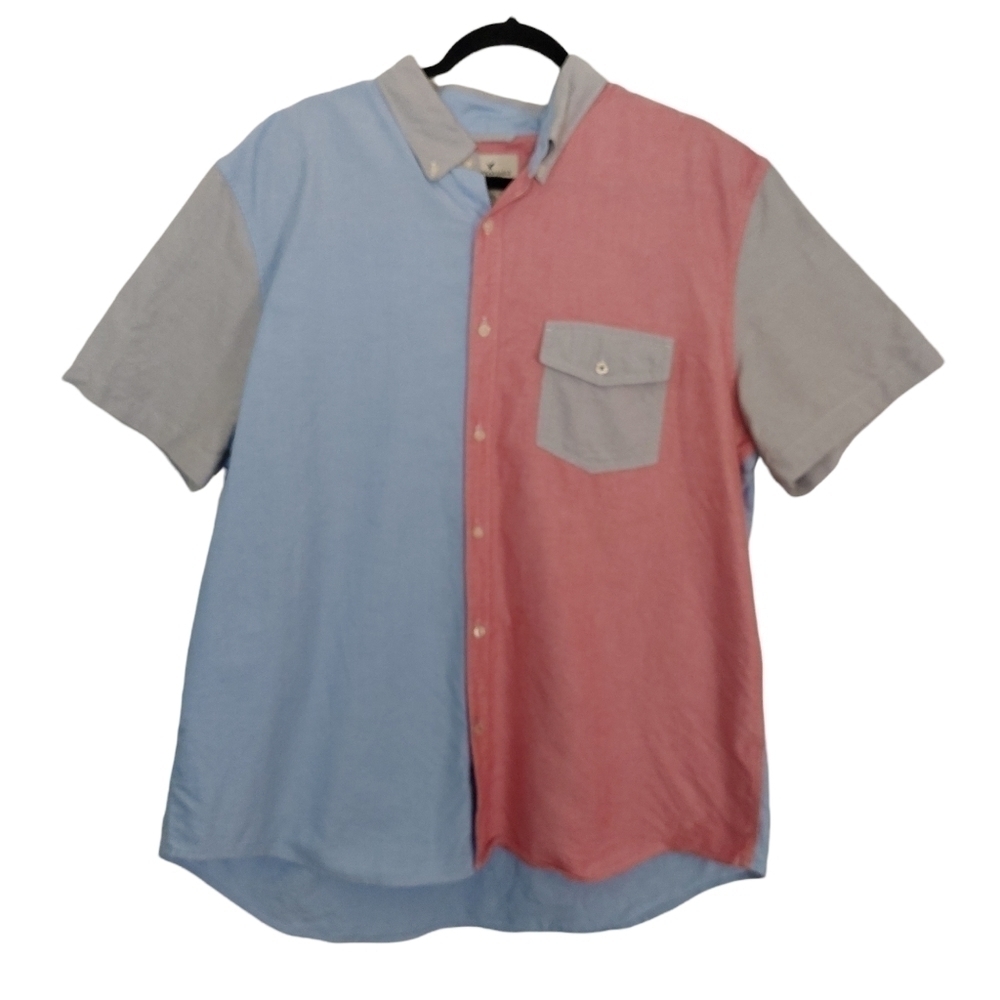 American Eagle Colorblock Short Sleeve Casual Button Up Shirt Colorful Fun XXL